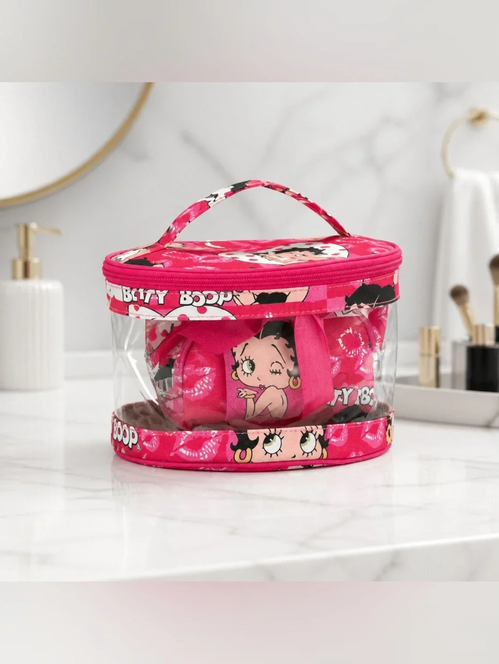 Betty Boop 3-Piece Hot Pink Cosmetic Bag Set Clear Travel Cases